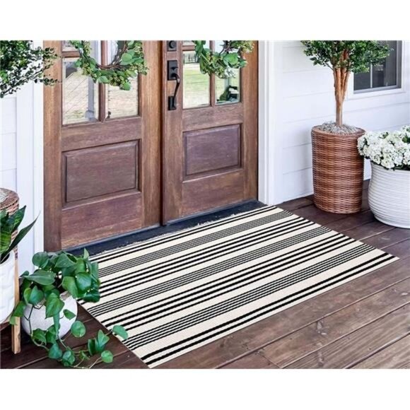 Black and White Striped Rug 24'' x51''Outdoor Front Porch Rug Hand-Woven Machine - Picture 1 of 7